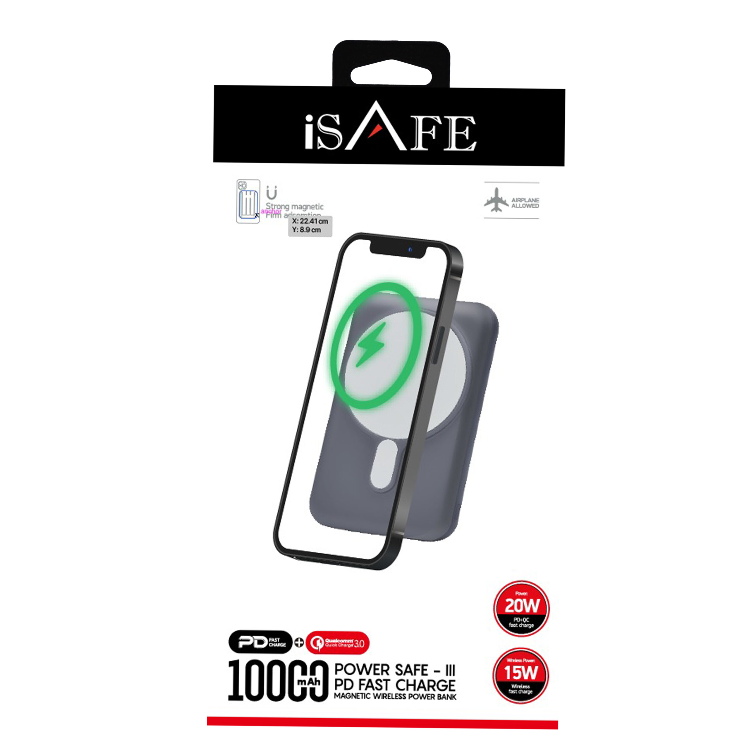 ISAFE MAGNETIC WIRELESS POWER BANK 10000mAH GREY
