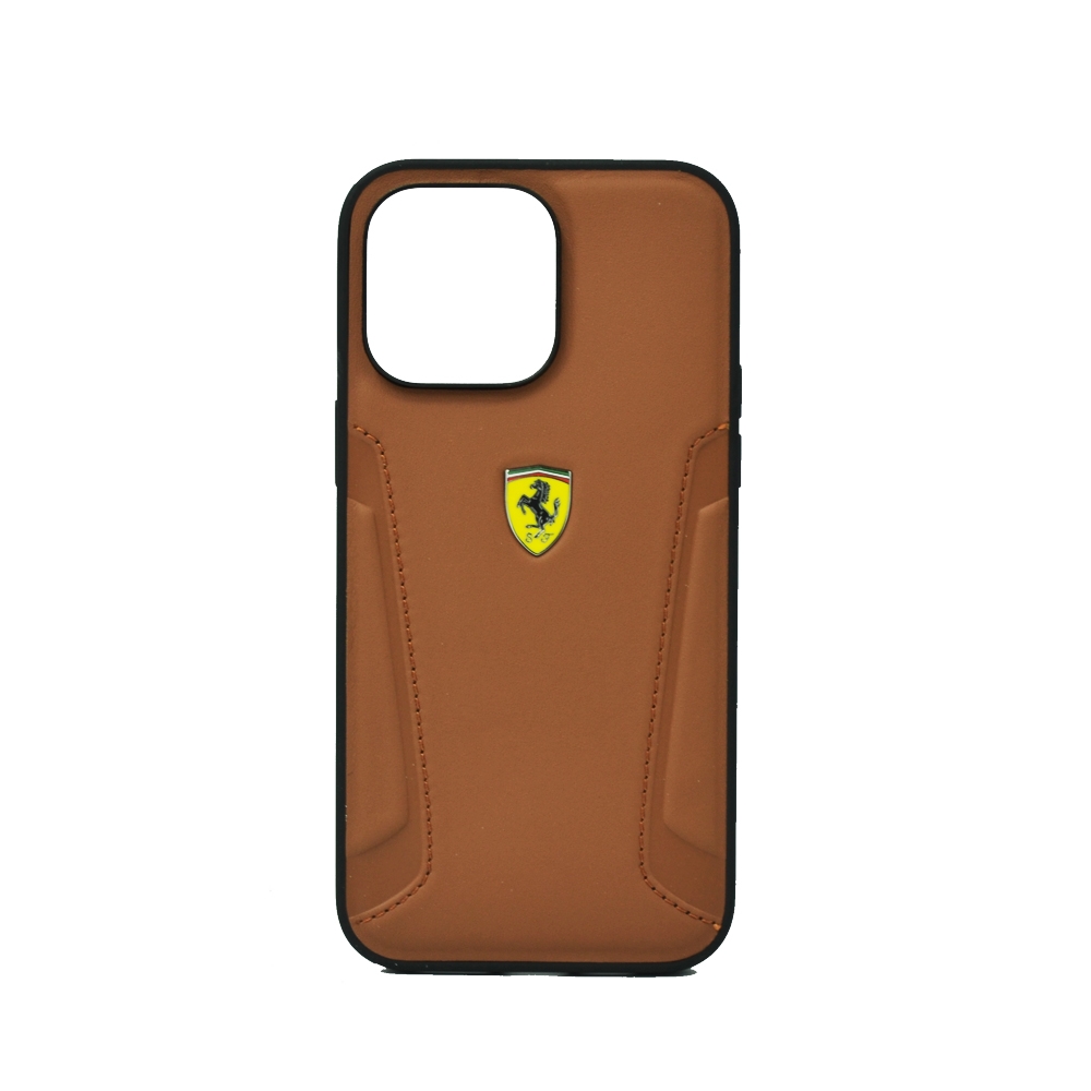 FERRARI LEATHER CASE WITH HOT STAMPED SIDES YELLOW SHIELD LOGO FOR IPHONE 14 PRO MAX CAMEL