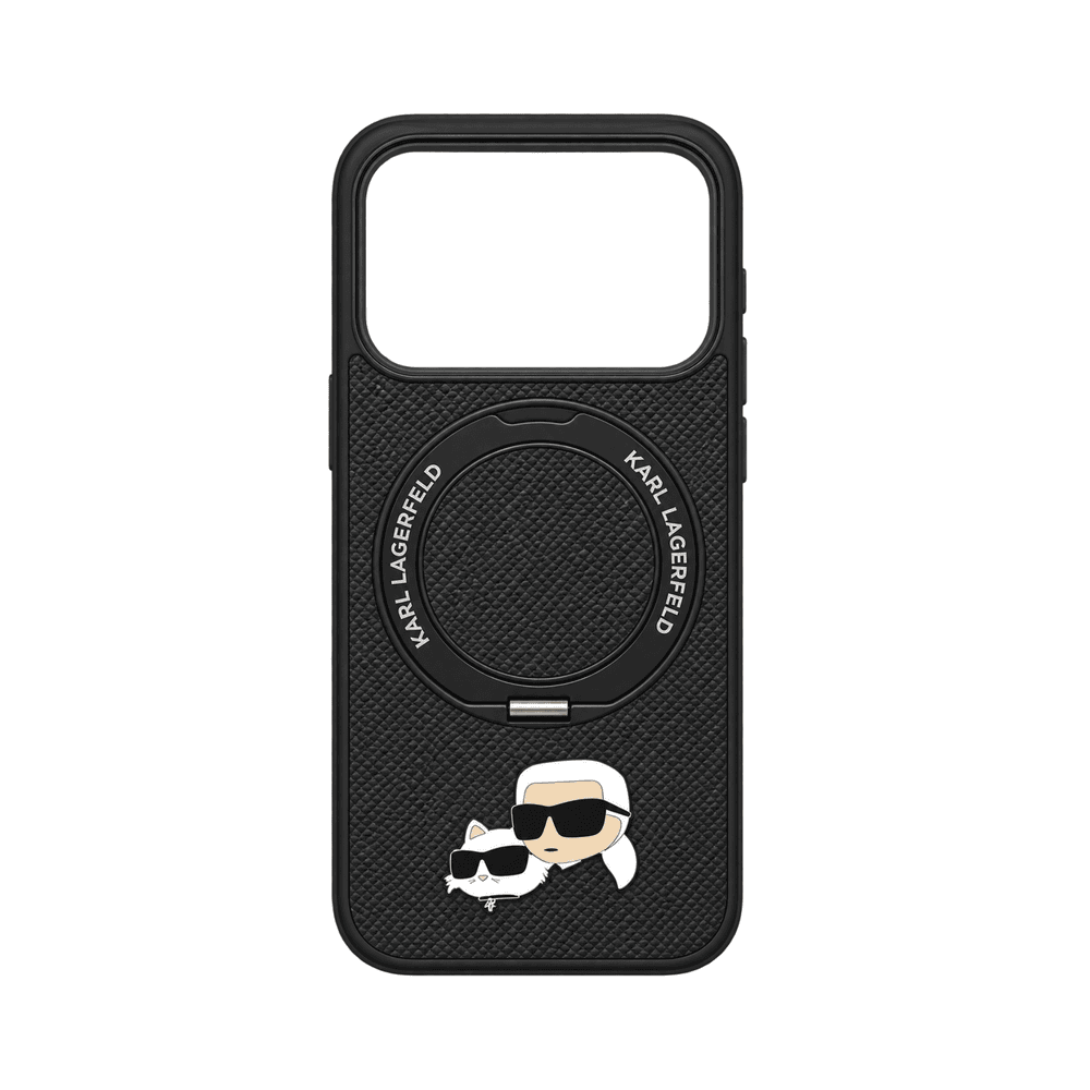 KARL MAGSAFE PU HARD CASE WITH RING STAND & KARL & CHOUPETTE HEADS PIN FOR IPHONE 18/17 PRO MAX BLACK