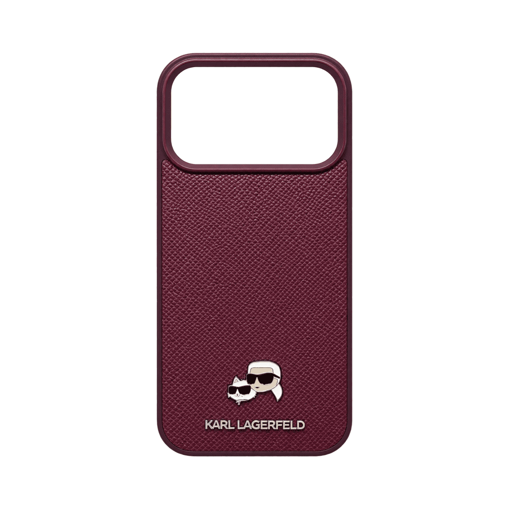 KARL MAGSAFE GRAINED PU HARD CASE WITH KARL & CHOUPETTE HEADS PIN FOR IPHONE 18/17 PRO MAX BURGUNDY