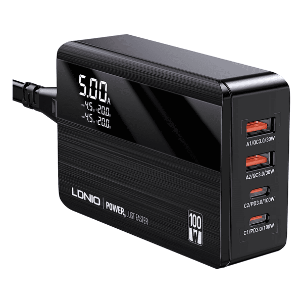 LDNIO 100W GAN HOME CHARGER Q408 WITH REPLACABLE PLUG AND TYPE-C TO TYPE-C CABLE BLACK