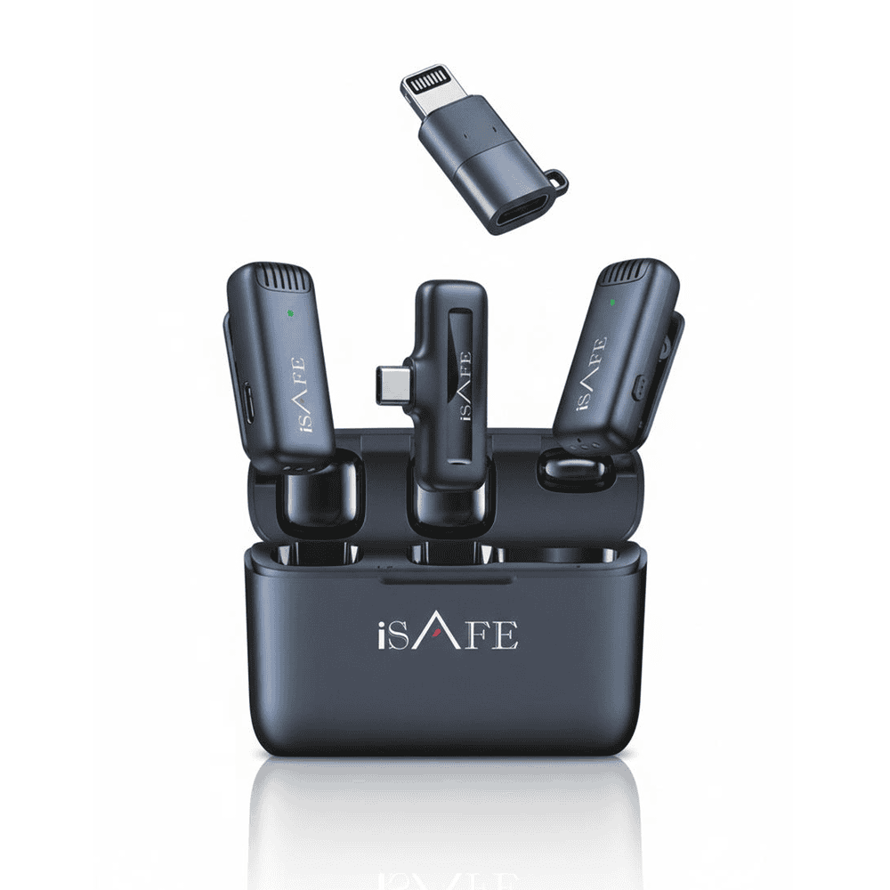 iSafe Duo Cast 2-in-1 Wireless Microphone – Dual Mic System for iPhone & Android, Noise Reduction, Plug & Play – Black