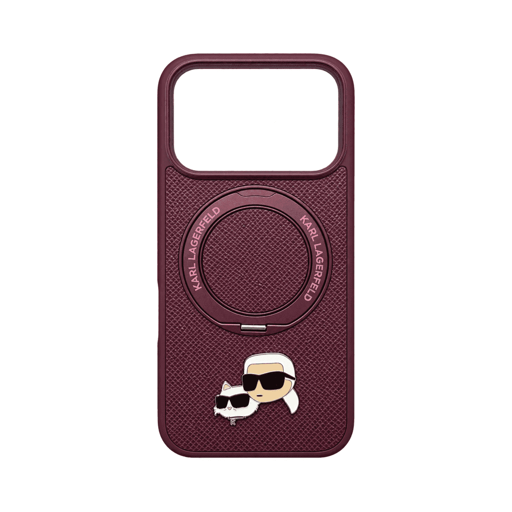 KARL MAGSAFE PU HARD CASE WITH RING STAND & KARL & CHOUPETTE HEADS PIN FOR IPHONE 18/17 PRO MAX BURGUNDY