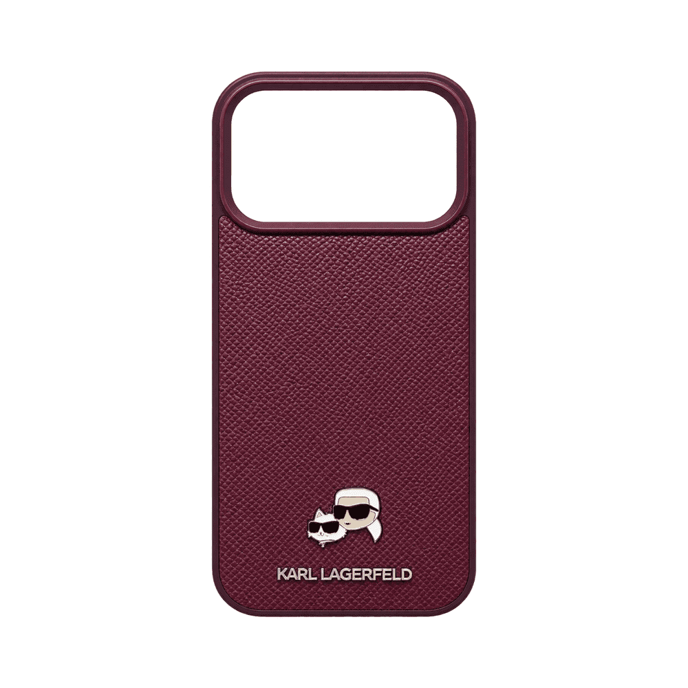 KARL MAGSAFE GRAINED PU HARD CASE WITH KARL & CHOUPETTE HEADS PIN FOR IPHONE 18/17 PRO MAX BURGUNDY