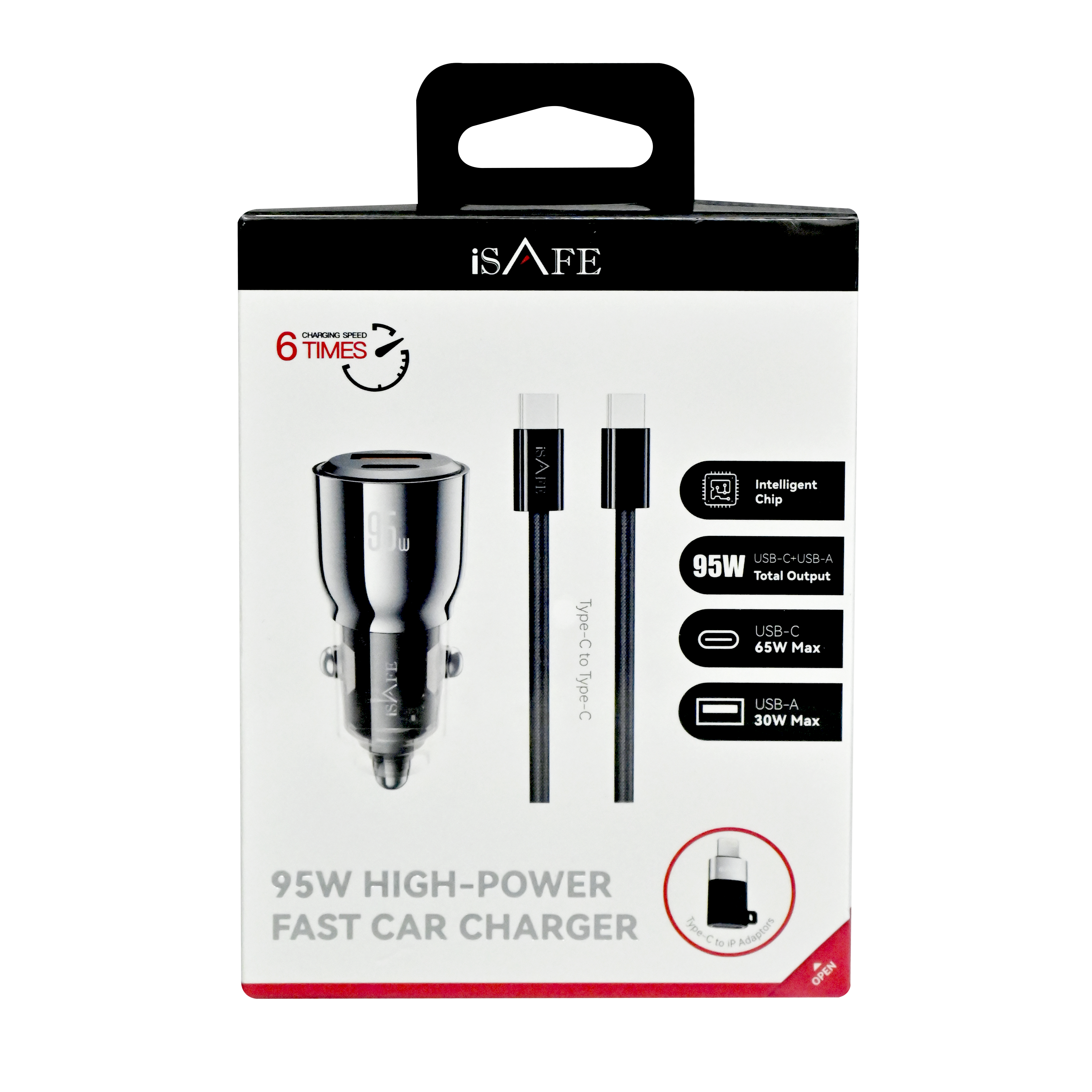 ISAFE 95W FAST CAR CHARGER WITH TYPE-C TO TYPE-C CABLE + OTG ADAPTER