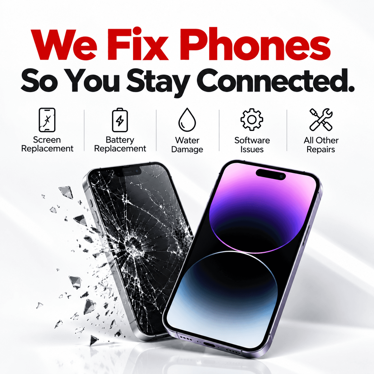 We fix phones so you stay connected. Screen replacement, battery replacement, water damage, software issues, and all other repairs.